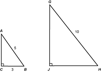 right angle triangle ABC has a lenth of 3 and a hypotenuse of 5, triangle GHJ has a hypotenuse of 10