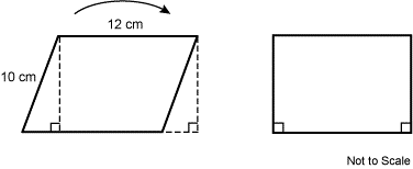 The diagram shows a parallelogram on the left and a rectangle on the right with a note below reading not to scale. 